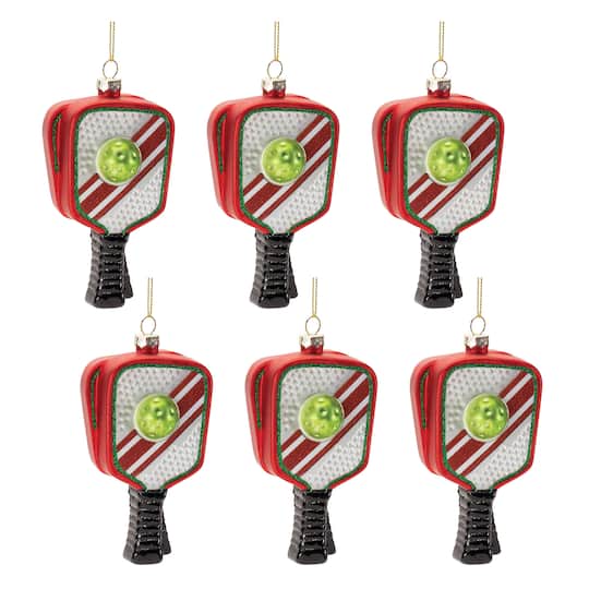 95213DS 5 in. Glass Pickleball Racket Ornament, Red & Black - Set of 6